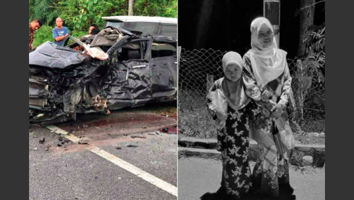 Keadaan kereta dinaiki Sakinah dan dua anaknya selepas bertembung dengan sebuah MPV di Kilometer 12.5 Jalan Kuala Kangsar-Manong, Kuala Kangsar, semalam. Gambar kanan: Sakinah bersama anak bongsunya.