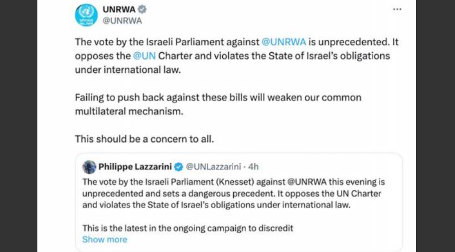 Pemimpin Pertubuhan Bangsa-Bangsa Bersatu (PBB) dan beberapa negara Eropah memberi reaksi di media sosial selepas Israel meluluskan undang-undang melarang agensi pelarian Palestin PBB, (UNRWA) daripada beroperasi di Palestin. - Reuters